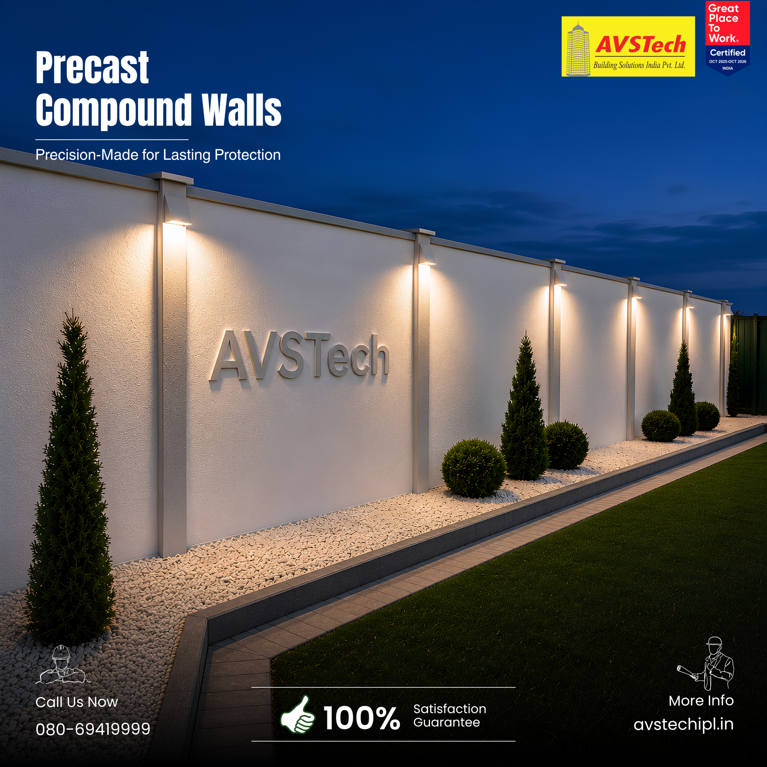 AVSTech Building Solutions offers Single-Panel Precast Compound Walls for projects that need a clean boundary solution with speed, strength, and dependable performance. Built with precision-engineered concrete panels and RCC columns, this system is a practical choice for modern infrastructure, residential layouts, industrial sites, and commercial developments.