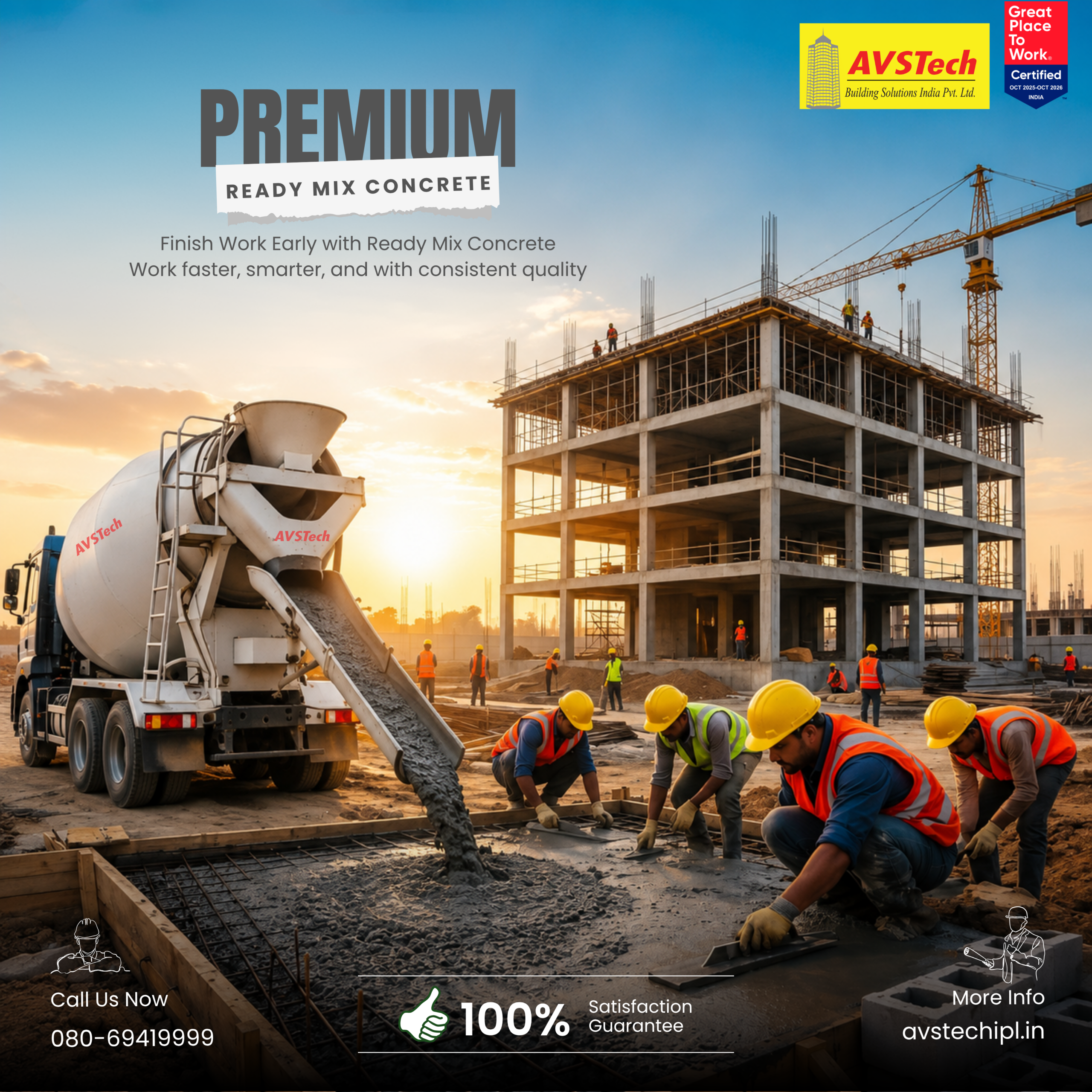 Ready-Mix Concrete: Finish Work Early with Ready-Mix Concrete. Choose AVSTech Ready Mix Concrete for prompt delivery and great quality control, making your construction projects more efficient. Instead of spending valuable time on on-site mixing, you get factory-produced concrete delivered ready for use, helping you finish work earlier and maintain better quality control. From M5 to M70 grade concrete, AVSTech offers solutions for a wide range of construction needs, whether the project is small, large, structural, or heavy-duty. With a strong focus on quality, on-time delivery, and technical support, AVSTech RMC is built for developers, contractors, and builders who want dependable performance at every stage. Why choose AVSTech RMC? AVSTech Group has been serving the construction industry since 1995, with a clear focus on providing high-quality ready mix concrete and customer satisfaction. Their fully automated, BVQI-certified batching plants ensure precision, consistency, and dependable output for modern construction demands. Key advantages Wide grade range: Available from M5 to M70 for different project requirements. Faster construction: Helps reduce time spent on mixing and site preparation. Consistent quality: Factory-controlled batching improves accuracy and performance. On-time delivery: Supports smooth project flow and better scheduling. Large-scale capacity: Multiple plants and strong daily output support big projects. Reliable logistics: Timely delivery in the right quantity for better site management. Experienced team: Skilled professionals guide quality and execution. Modern equipment: Transit mixers, line pumps, and boom pumps support efficient placement. Built for better project outcomes AVSTech RMC is not just about supplying concrete. It is about helping projects move faster, perform better, and last longer. With consistent material quality and efficient delivery support, you can reduce mixing issues, improve site productivity, and focus on building with confidence. For construction projects that need speed, strength, and dependable supply, AVSTech Ready Mix Concrete is a practical and professional choice. AVSTechRMC #ReadyMixConcrete #RMCConcrete #ConstructionSolutions #ConcreteSupply #M5Concrete #M70Concrete #BuildingMaterials #OnTimeDelivery #ConstructionQuality #SmartConstruction #ConcretePlant #InfrastructureDevelopment #CivilConstruction #ReadyMixSolutions